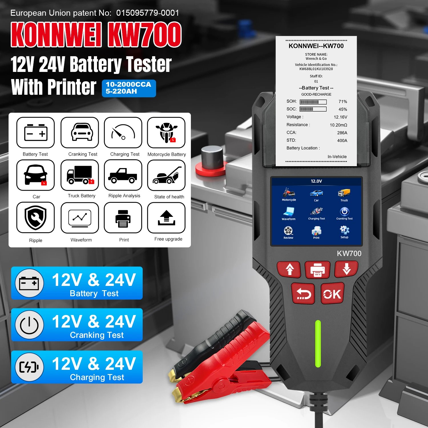 Testeur de batterie KONNWEI KW700 12V/24V avec support d'imprimante camion de voiture et moto