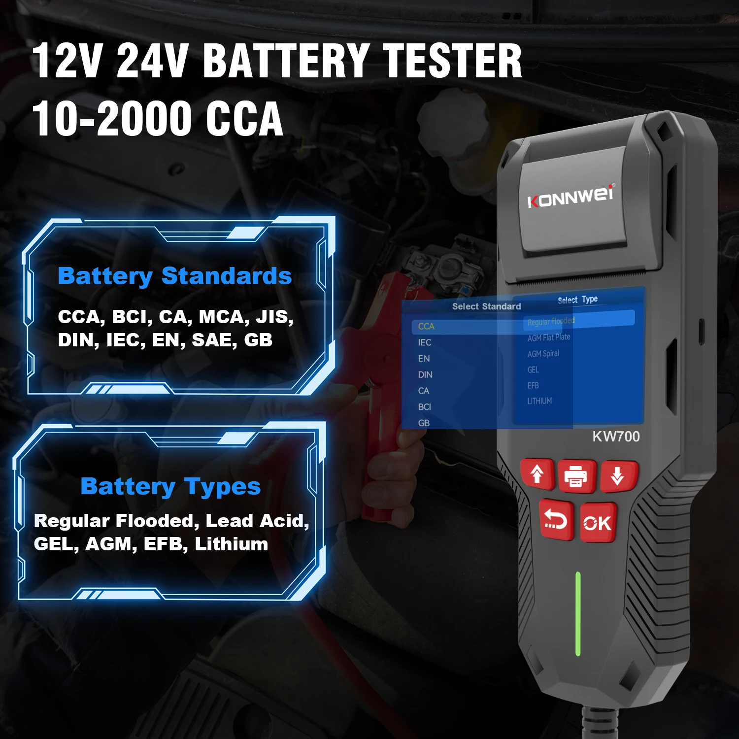 Testeur de batterie KONNWEI KW700 12V/24V avec support d'imprimante camion de voiture et moto