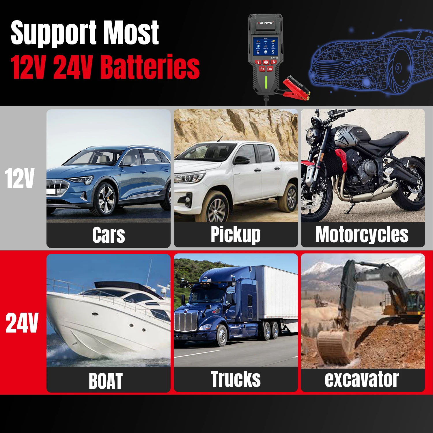 Testeur de batterie KONNWEI KW700 12V/24V avec support d'imprimante camion de voiture et moto