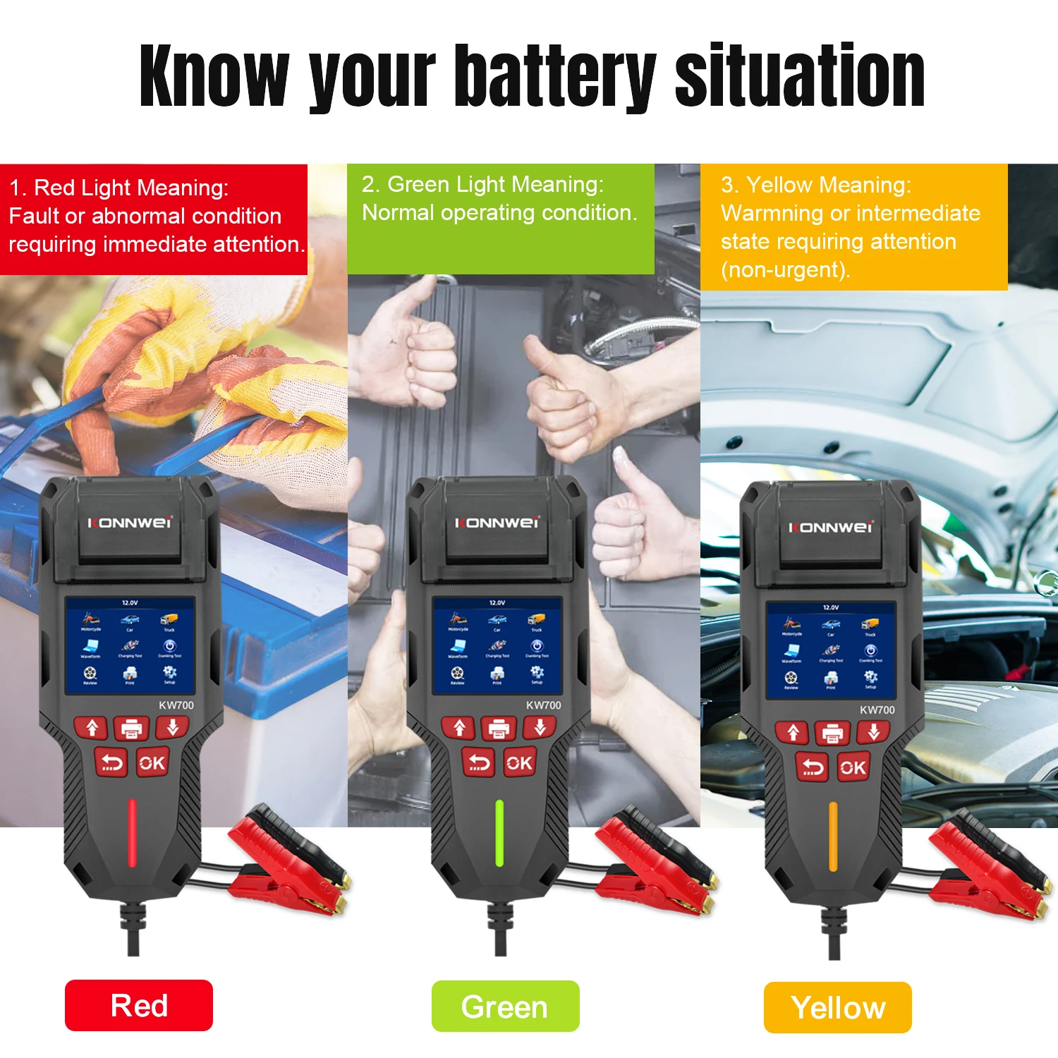 Testeur de batterie KONNWEI KW700 12V/24V avec support d'imprimante camion de voiture et moto