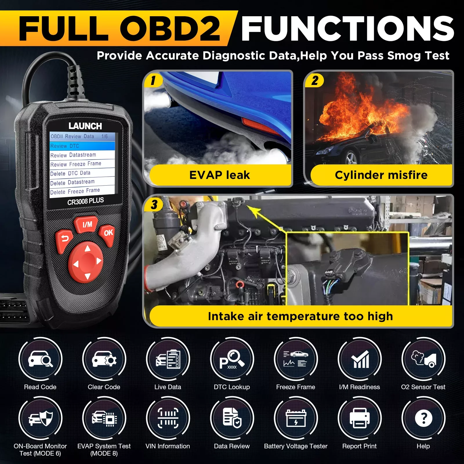 LAUNCH CR3008 Plus outil de diagnostic de scanner OBD2 Lecteur de code de mise à jour à vie Vérifiez le code du moteur OBDII outil de numérisation de voiture