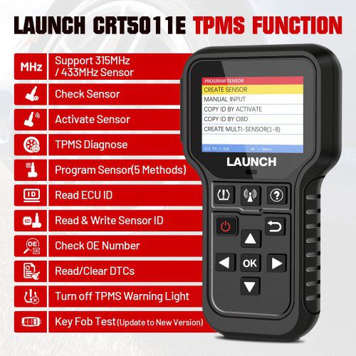 2025 Lancement CRT5011E TPMS Relearn Tool TPMS Sensor (315+433MHz) Support Read/Activate/Programming/Relearn/Reset/Key Fob Test
