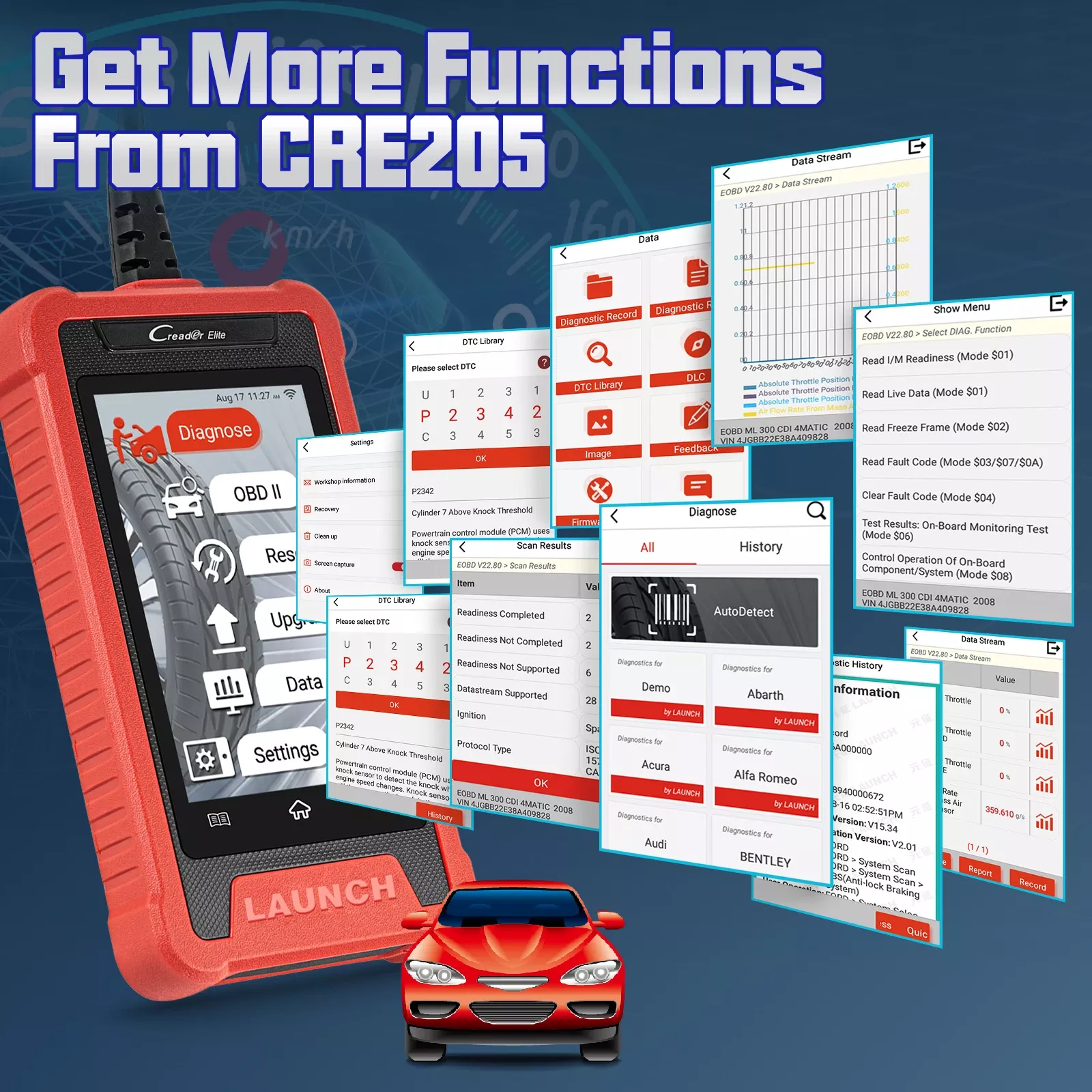 LAUNCH X431 Creader Elite CRE205 OBD2 Scanner ABS SRS System Diagnostic 16 Mise à jour gratuite à vie des services de réinitialisation du scanner