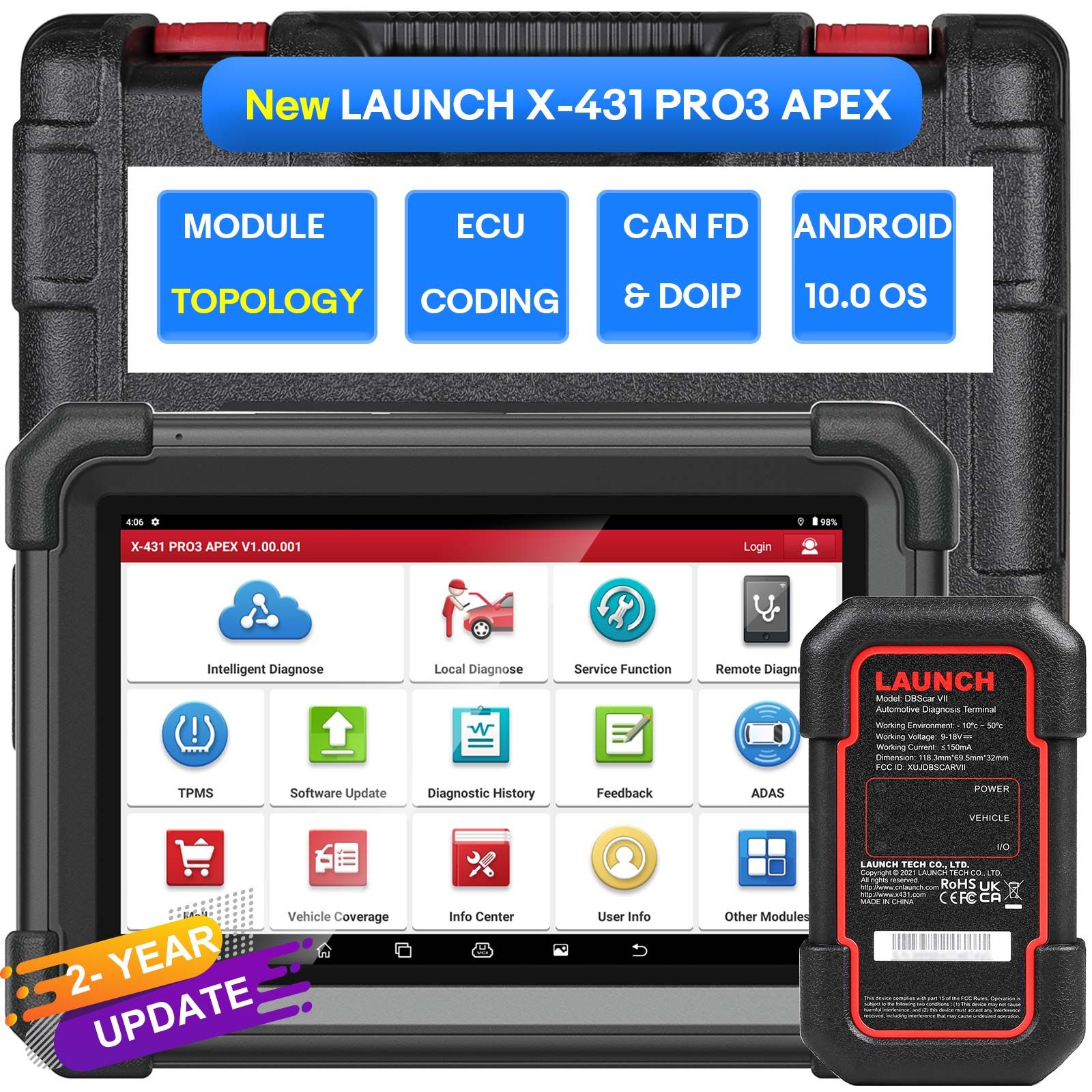 LAUNCH X431 PRO3 APEX Scanner de diagnostic Support Topologie Carte Codage en ligne CAN FD & DoIP HD Scan de camion avec 37+ Services