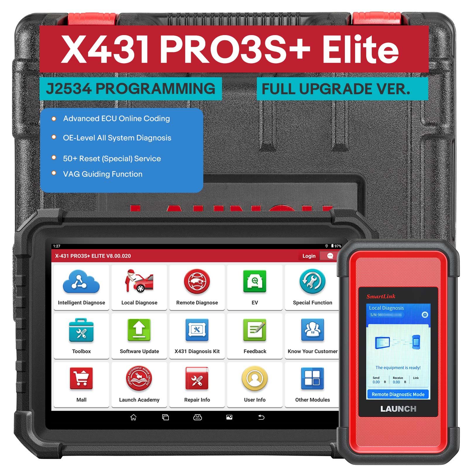 LAUNCH X431 PRO3S+ Elite Outil de balayage bidirectionnel tout-en-un avec support SmartLink 2.0 Carte de topologie, 60+ Service CANFD/DoIP/D-PDU