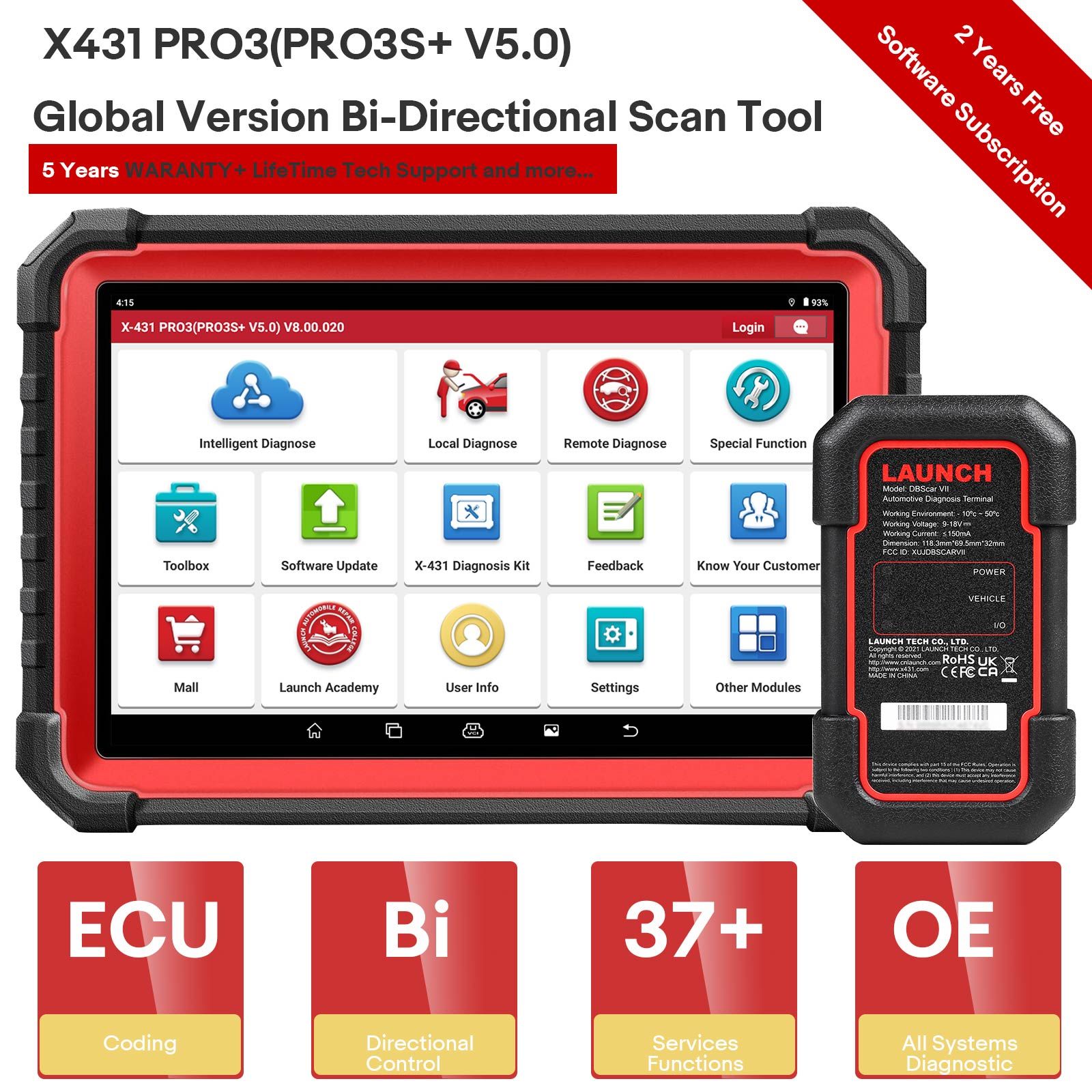 LAUNCH X431 PRO3S+ V5.0 Outil de balayage bidirectionnel, Service de réinitialisation 37+, Scanner de diagnostic Bluetooth de système complet de niveau OE, Codage de l'ECU