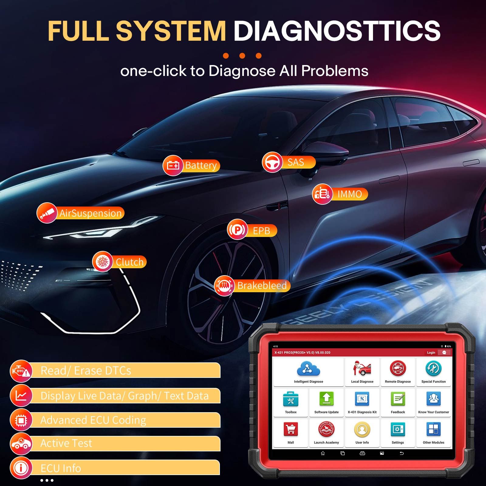 LAUNCH X431 PRO3S+ V5.0 Outil de balayage bidirectionnel, Service de réinitialisation 37+, Scanner de diagnostic Bluetooth de système complet de niveau OE, Codage de l'ECU