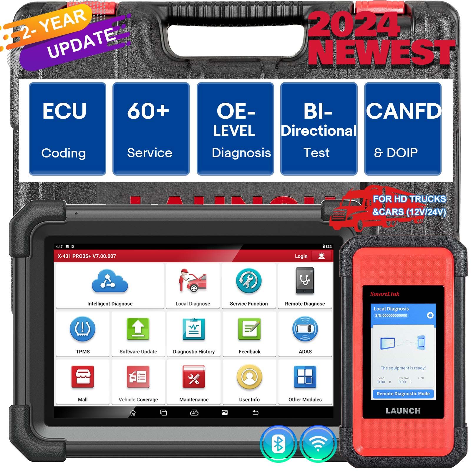2025 LAUNCH X431 PRO3S+ SmartLink HD pour 12V & 24V Diesel & Gasoline Support Bi-Directional Scan Tool, ECU Coding, Support CANFD & DOIP, J2534 Programmation