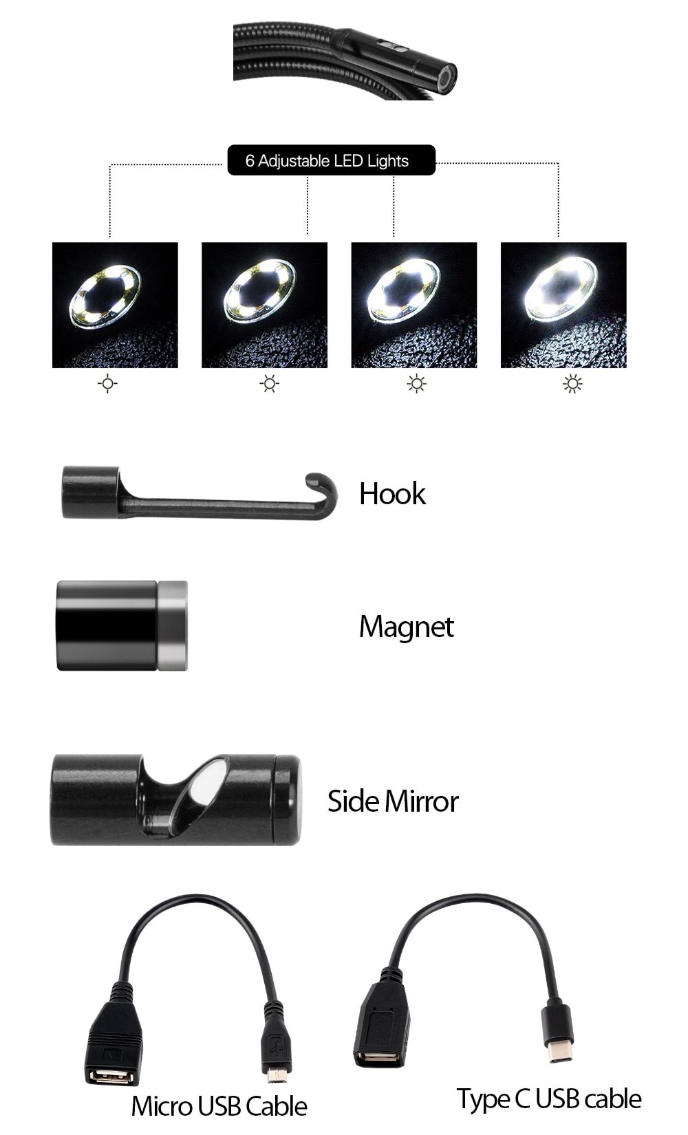 Introduction de l'oscilloscope vidéo de caméra x431 vsp600 HD IP67 2m câble 6 LED réglables mirco USB type - C endoscope inspection vidéo