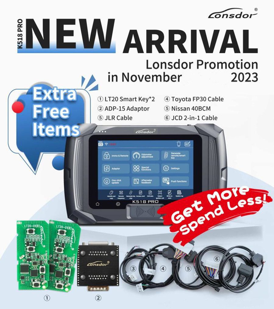 Lonsdor K518 PRO Full Version All In One Key Programmer with 2pcs LT20, Toyota FP30 Cable, Nissan 40 BCM Cable JCD JLR and ADP Adapter