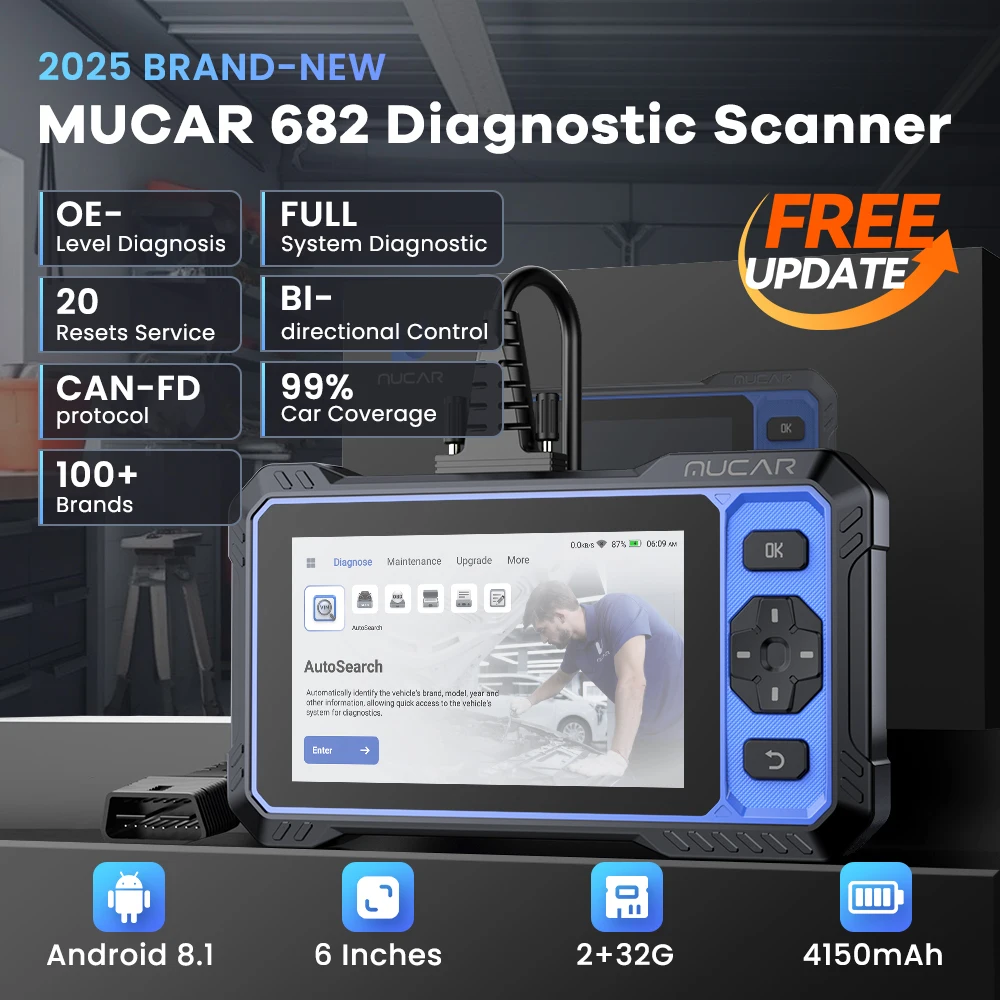 MUCAR 682 – Outil de diagnostic automobile assisté par IA avec CANFD, codage bidirectionnel ECU et 20 réinitialisations système