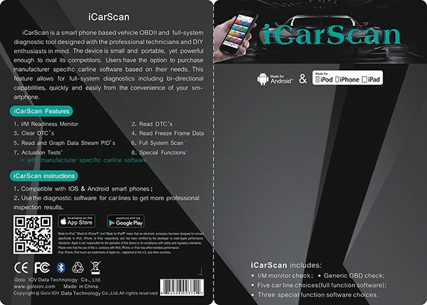 Android / iOS et 5 automobiles et 3 Spica fonctionnalisés gratuitement dans le nouveau système d 'outils de diagnostic icarscan