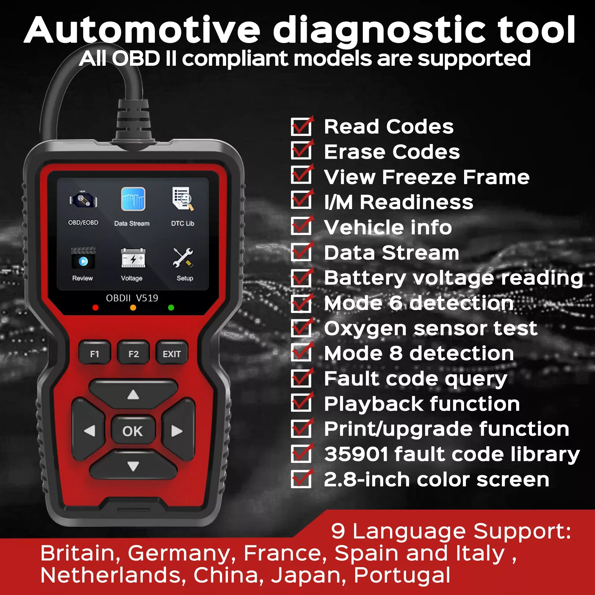 Outil de lecteur de code de diagnostic OBDII mécanique professionnel de données en direct du scanner V159 OBD2 pour la lumière du moteur de contrôle