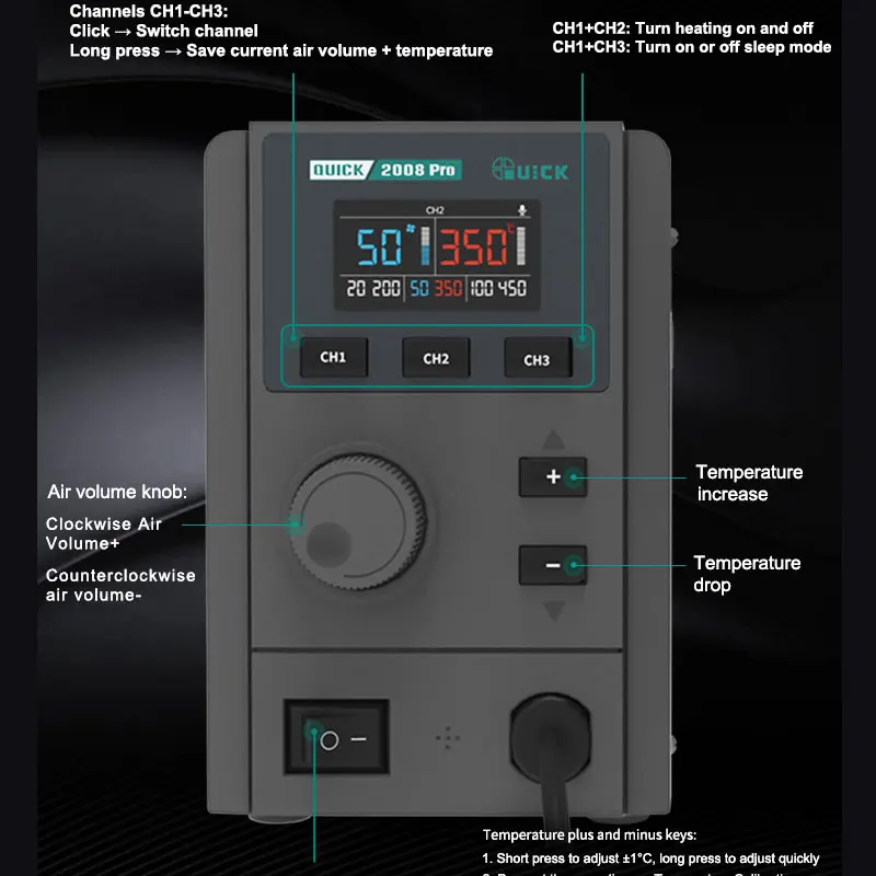 QUICK 2008 Pro Sans plomb Station de retravail d'air chaud Affichage LCD Automatique Conception d'air froid Outils de réparation automatique du système de sommeil