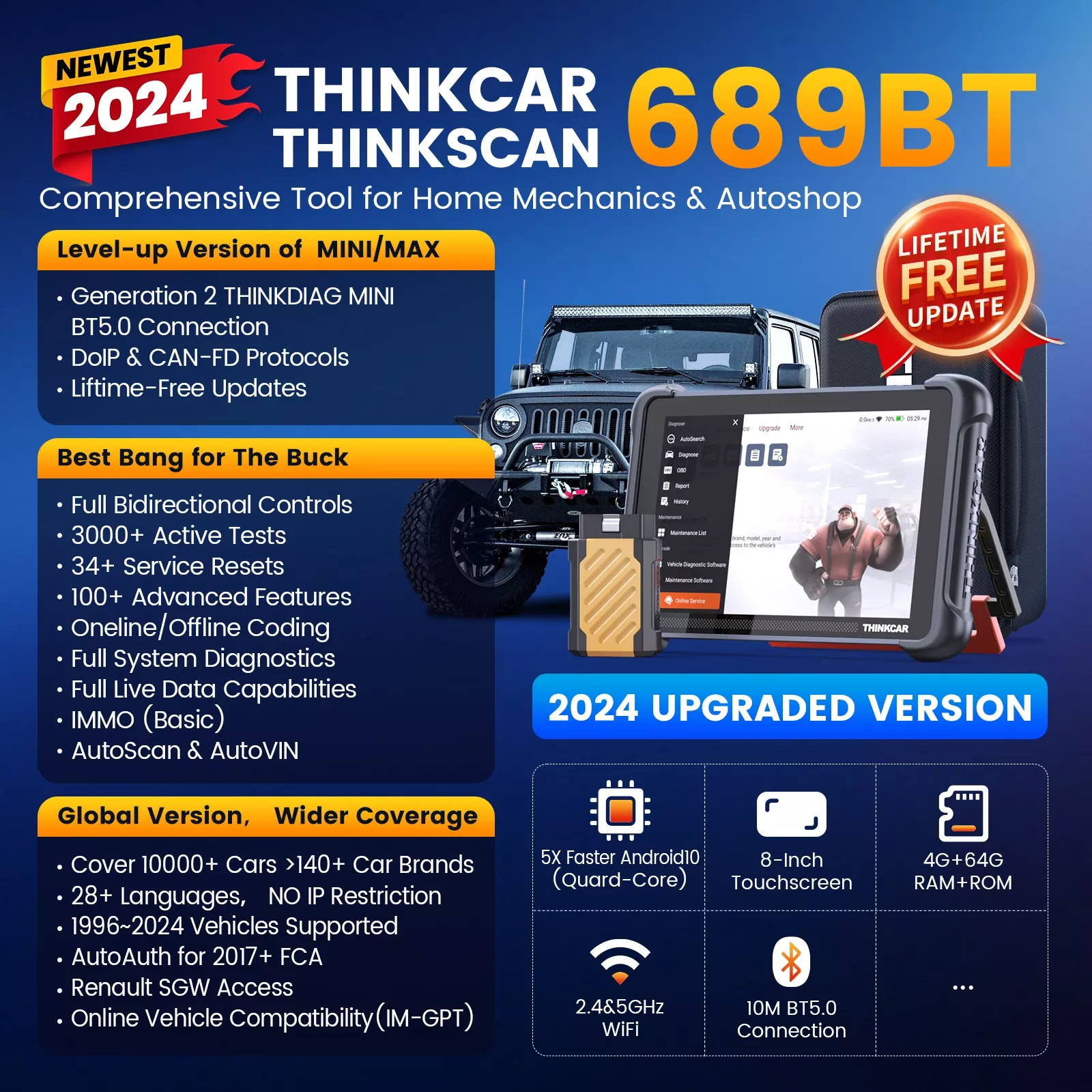 THINKCAR THINKSCAN 689BT outil de diagnostic de voiture professionnel CANFD DOIP Codage bidirectionnel de l'ECU 34 Réinitialiser le scanner Obd2 complet du système