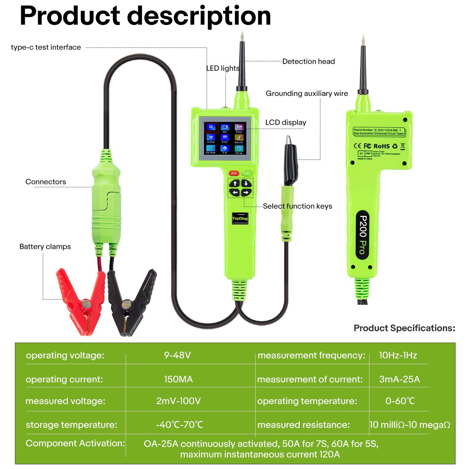 TOPDIAG P200 Pro P200Pro Détecteurs de circuit intelligents de nouvelle génération pour tous les 9V-48V pour bateau de camion de voiture