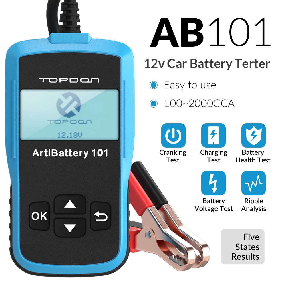 Topdon ab101 testeur de batterie automobile testeur de batterie 12V testeur de batterie automobile analyseur de chargeur automobile 2000cca testeur de circuit de charge de démarrage automobile