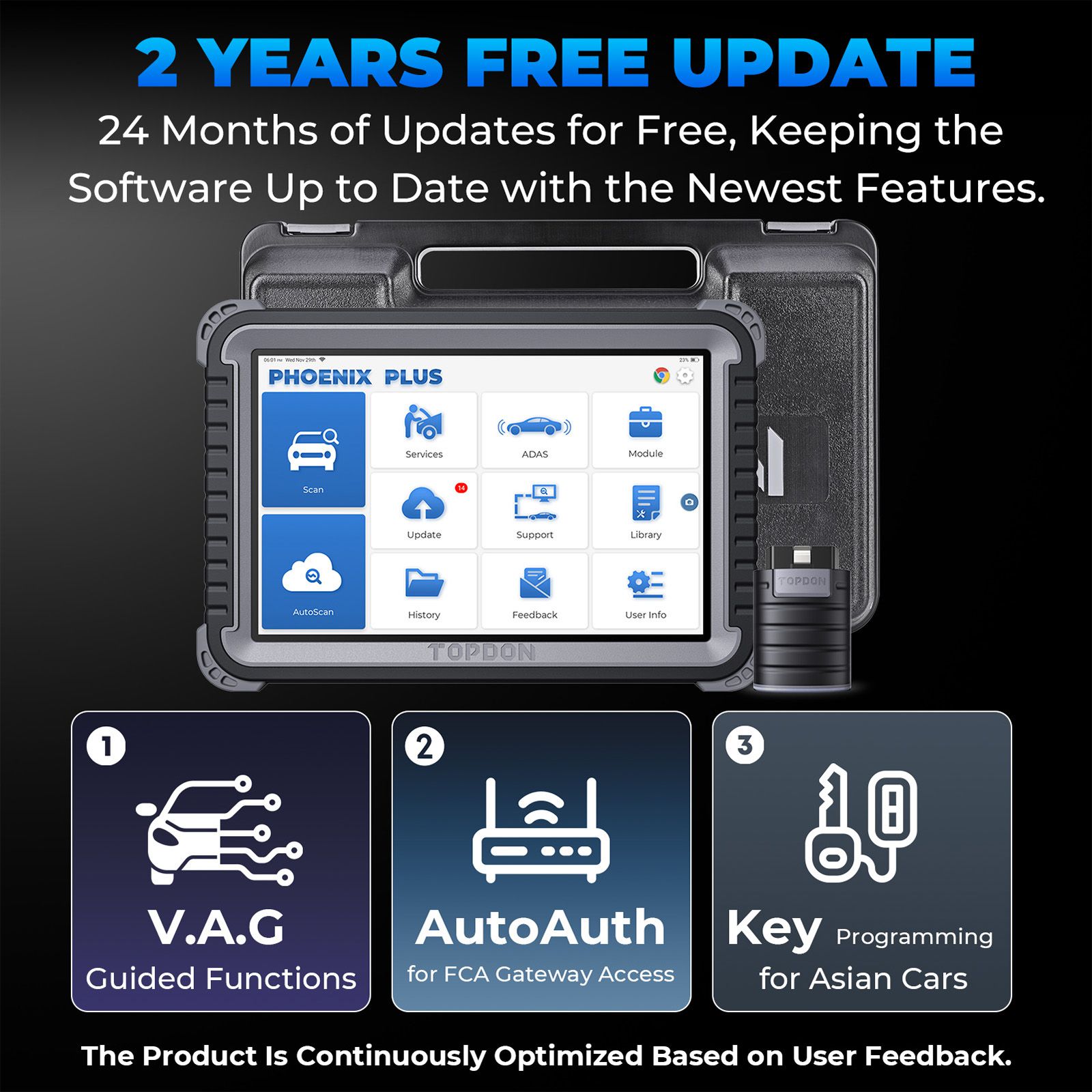 TOPDON Phoenix Plus Outil de diagnostic intégré Contrôle bidirectionnel Topologie Cartographie 41 Services de maintenance Codage ECU VAG 2 ans Mise à jour