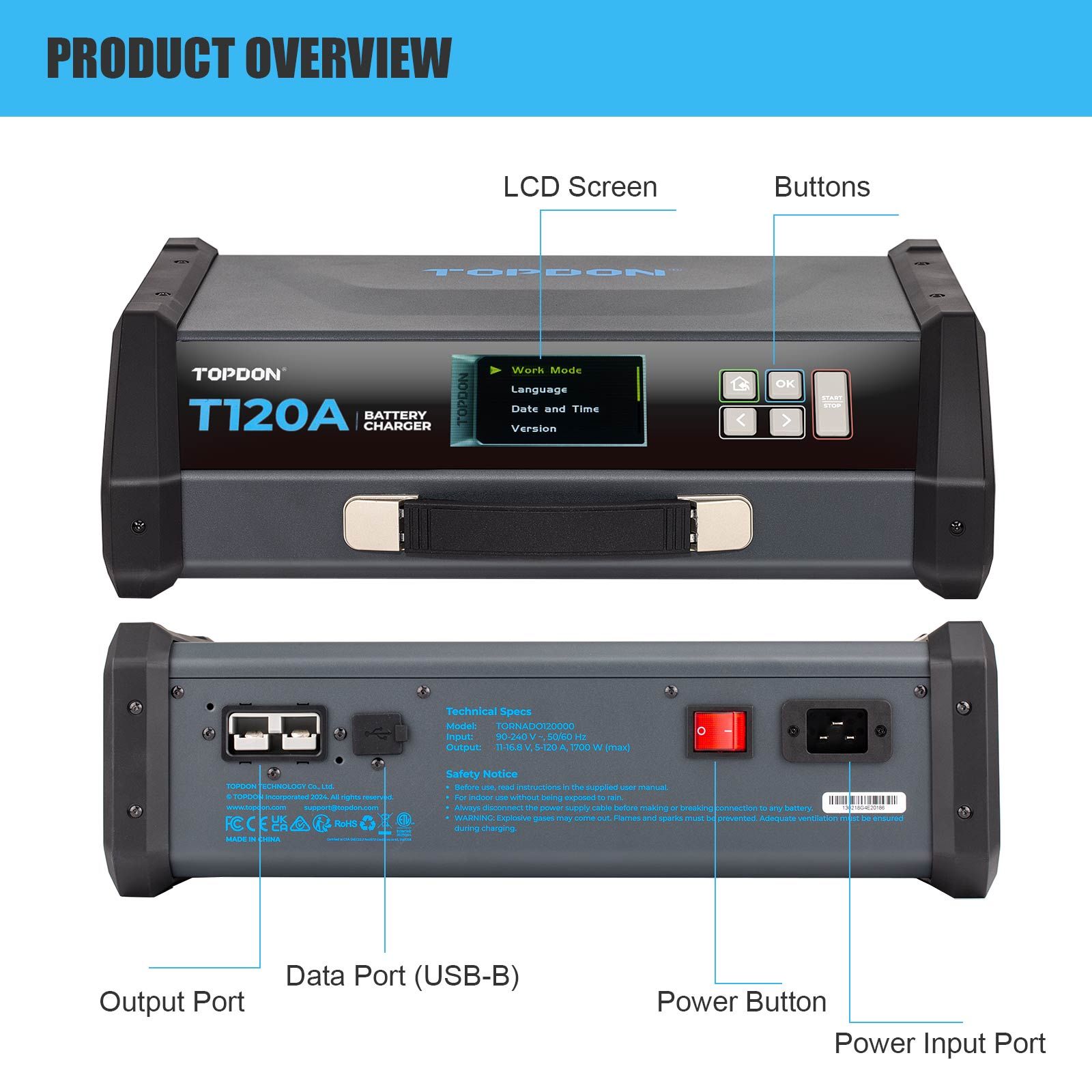 TOPDON TORNADO 120000 5M (16 Pieds) Pince-T120A (T1200005) Alimentation électrique et chargeur de batterie