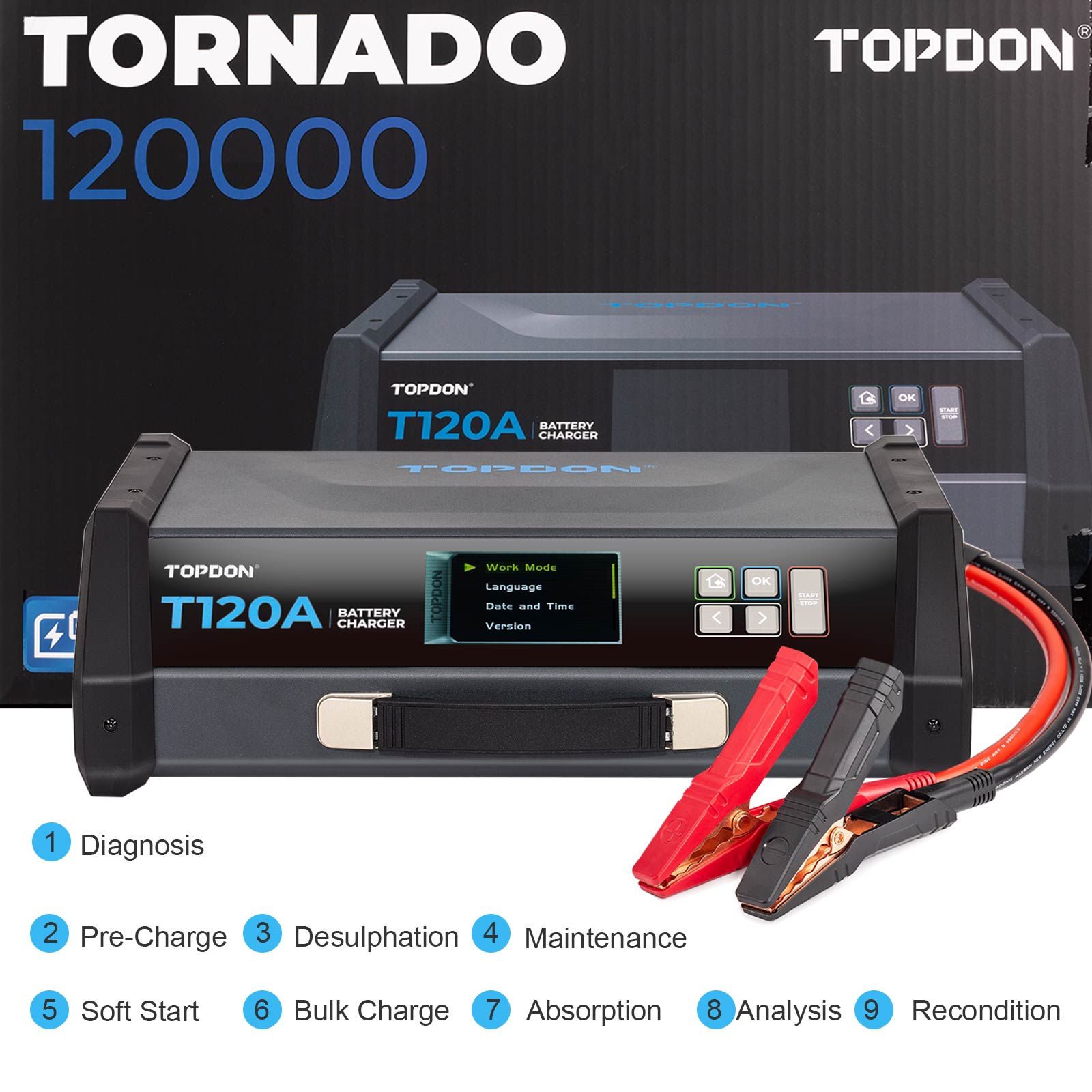 TOPDON TORNADO 120000 5M (16 Pieds) Pince-T120A (T1200005) Alimentation électrique et chargeur de batterie