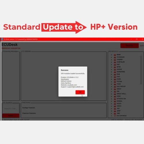 Service de mise à niveau pour la version standard d'ECUDesk Mise à jour vers la version HP+ Aucune limitation de fichier par jour Prise en charge IMMO OFF, Limite de vitesse OFF