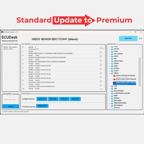 Service de mise à niveau pour la version standard d'ECUDesk Mise à jour vers la version premium Aucune limitation de fichier par jour Supporte IMMO OFF, Limite de vitesse OFF