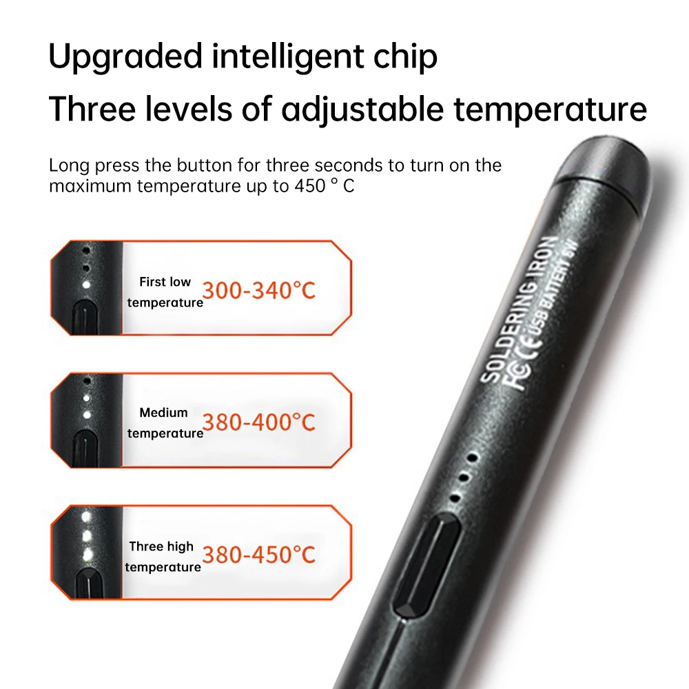 Kit de Fer à Souder USB à Température Réglable 300–450 °C, Batterie 1000 mAh Type-C, Outil Intelligent de Soudure