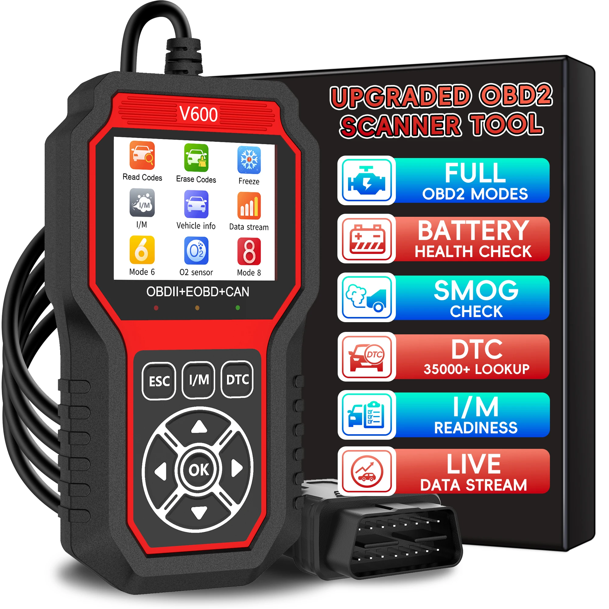 Outil de Diagnostic Automobile V600 – Lecture des Codes DTC, Test du Capteur d’Oxygène, Détection de Tension de Batterie, Scanner OBD2 Professionnel