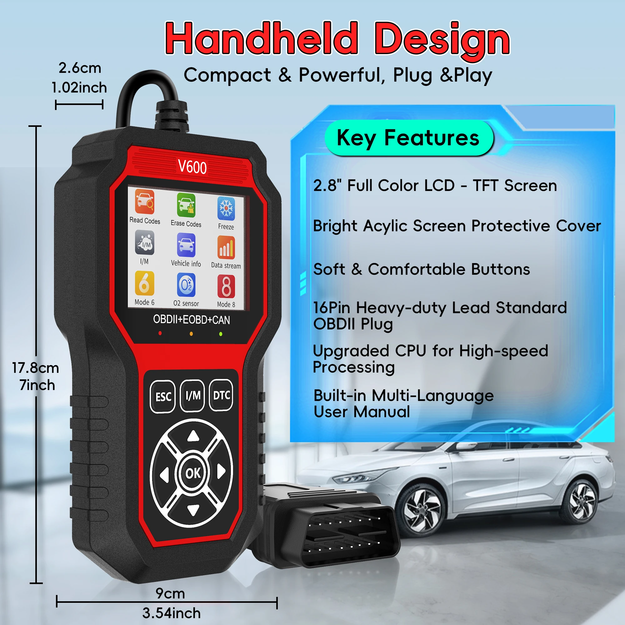 Outil de Diagnostic Automobile V600 – Lecture des Codes DTC, Test du Capteur d’Oxygène, Détection de Tension de Batterie, Scanner OBD2 Professionnel