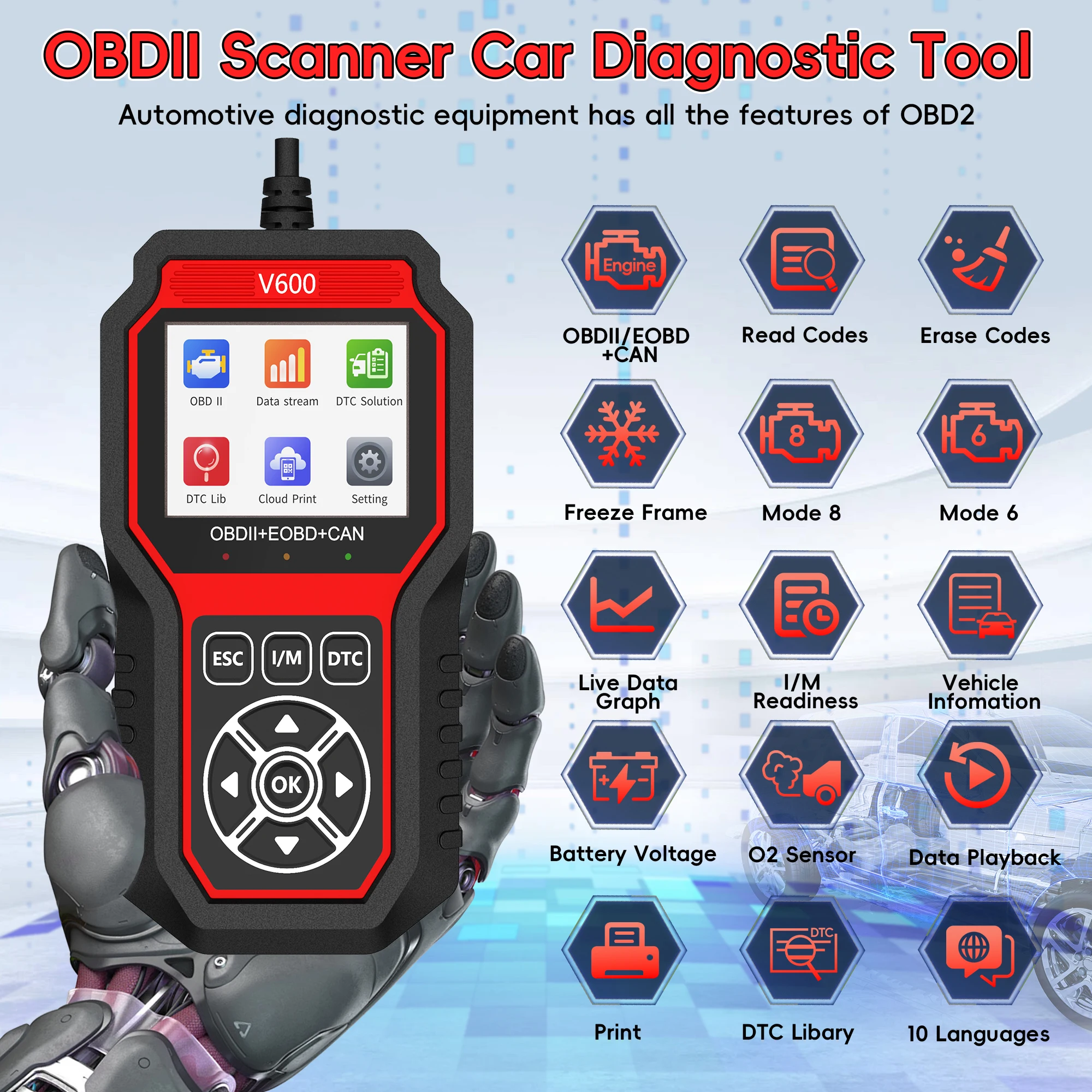 Outil de Diagnostic Automobile V600 – Lecture des Codes DTC, Test du Capteur d’Oxygène, Détection de Tension de Batterie, Scanner OBD2 Professionnel