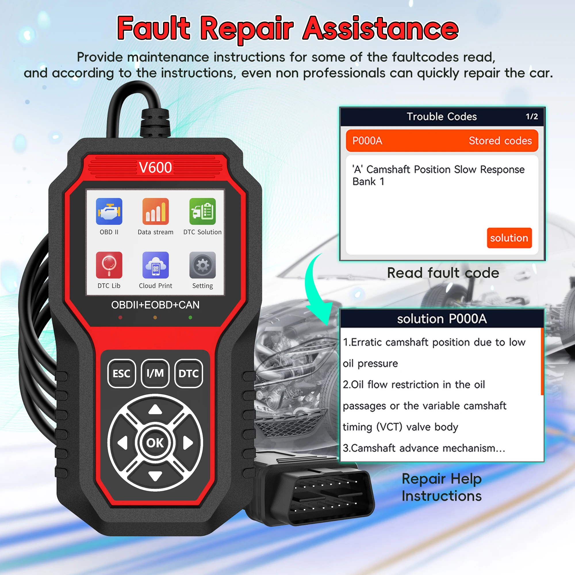Outil de Diagnostic Automobile V600 – Lecture des Codes DTC, Test du Capteur d’Oxygène, Détection de Tension de Batterie, Scanner OBD2 Professionnel