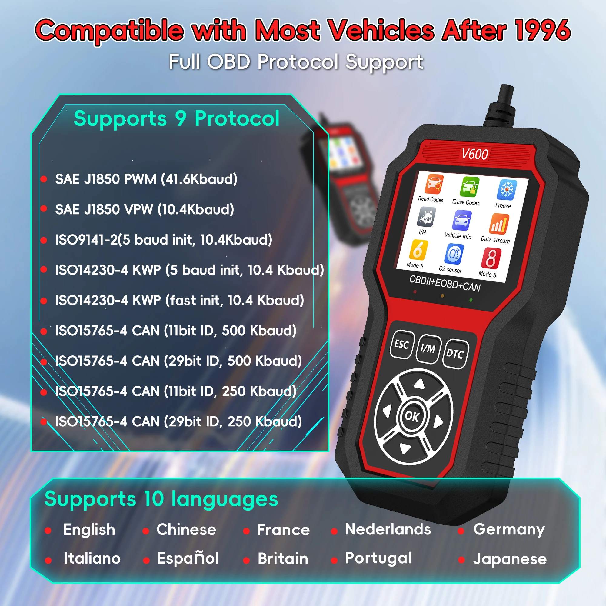 Outil de Diagnostic Automobile V600 – Lecture des Codes DTC, Test du Capteur d’Oxygène, Détection de Tension de Batterie, Scanner OBD2 Professionnel