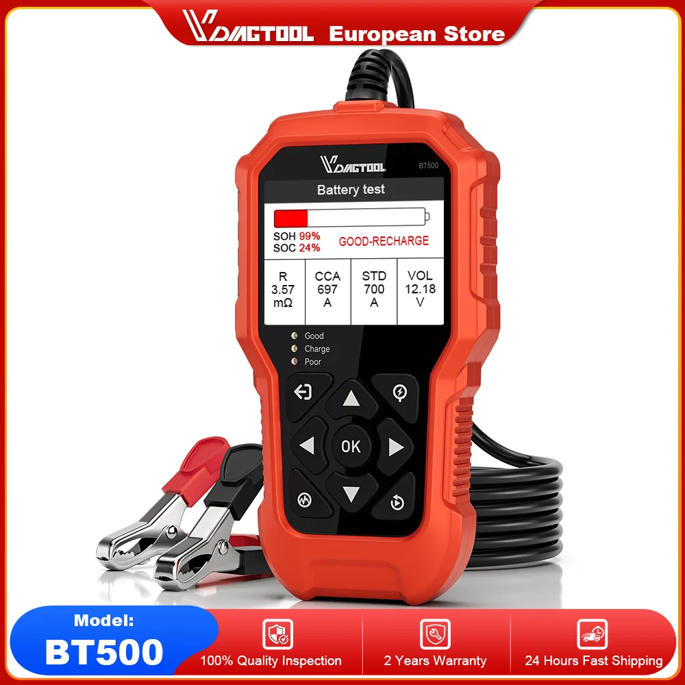 Testeur de batterie VDIAGTOOL BT500 6V/12V/24V – Analyseur de démarrage et de charge pour voiture, moto, camion jusqu’à 3000 CCA