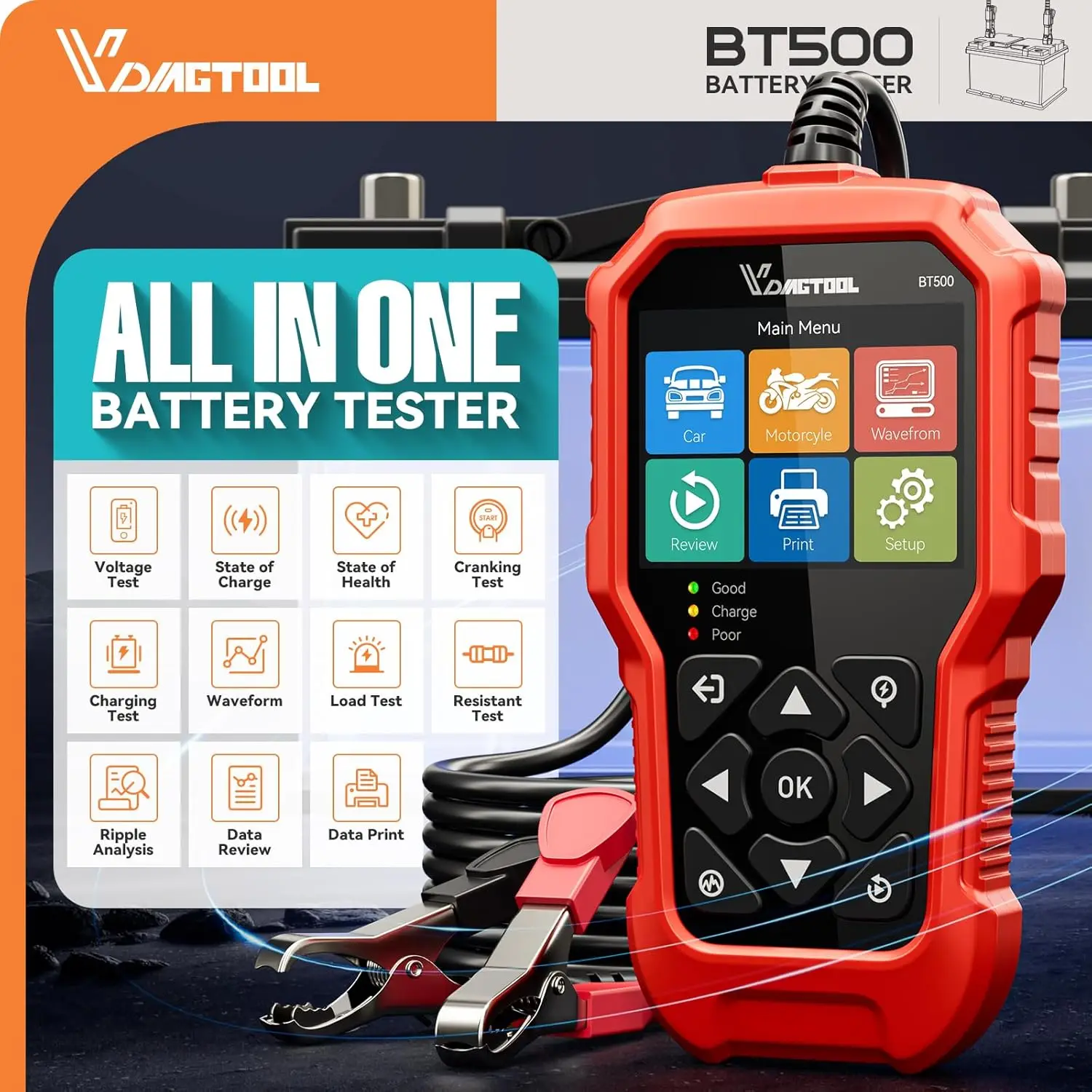 Testeur de batterie VDIAGTOOL BT500 6V/12V/24V – Analyseur de démarrage et de charge pour voiture, moto, camion jusqu’à 3000 CCA