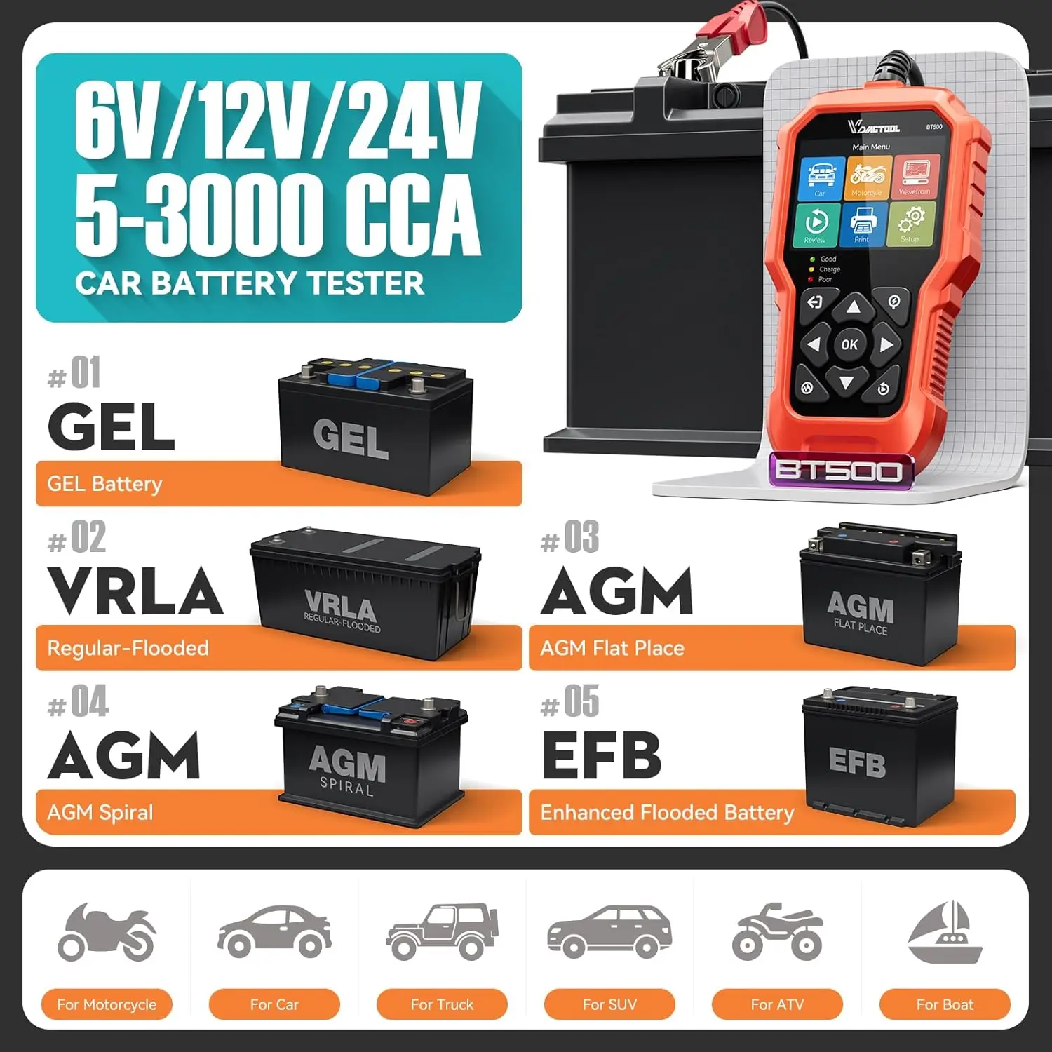 Testeur de batterie VDIAGTOOL BT500 6V/12V/24V – Analyseur de démarrage et de charge pour voiture, moto, camion jusqu’à 3000 CCA