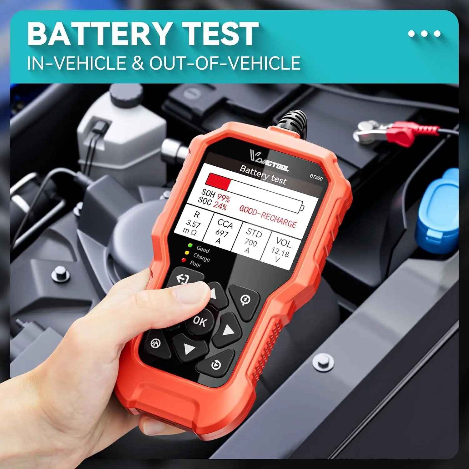 Testeur de batterie VDIAGTOOL BT500 6V/12V/24V – Analyseur de démarrage et de charge pour voiture, moto, camion jusqu’à 3000 CCA