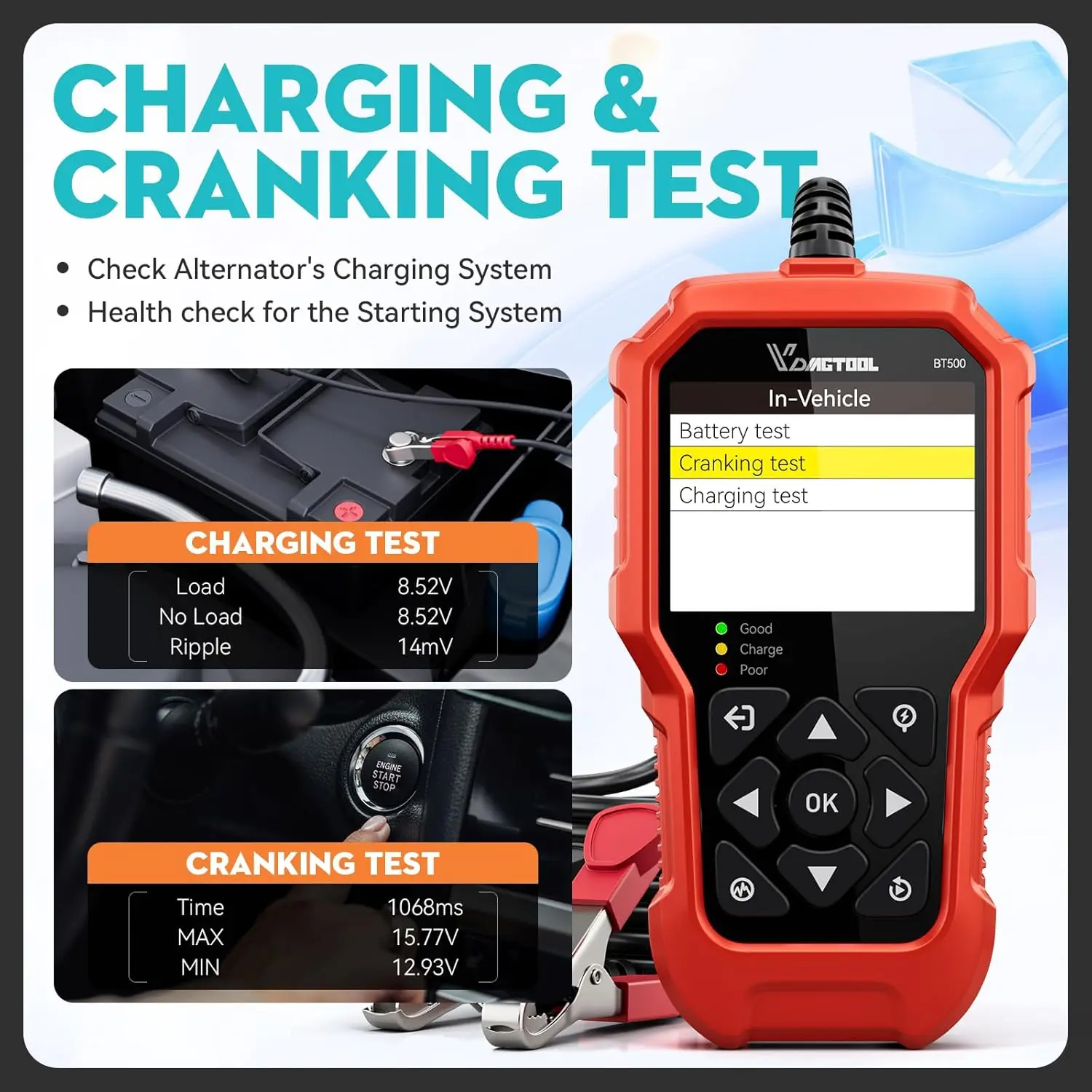 Testeur de batterie VDIAGTOOL BT500 6V/12V/24V – Analyseur de démarrage et de charge pour voiture, moto, camion jusqu’à 3000 CCA