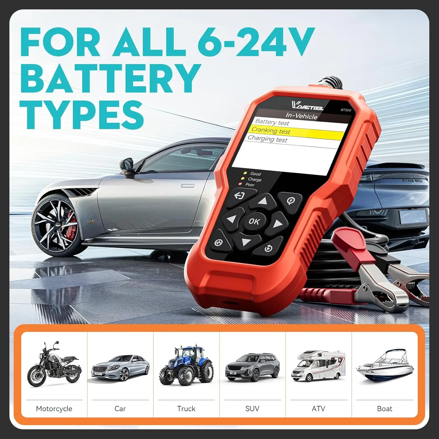 Testeur de batterie VDIAGTOOL BT500 6V/12V/24V – Analyseur de démarrage et de charge pour voiture, moto, camion jusqu’à 3000 CCA