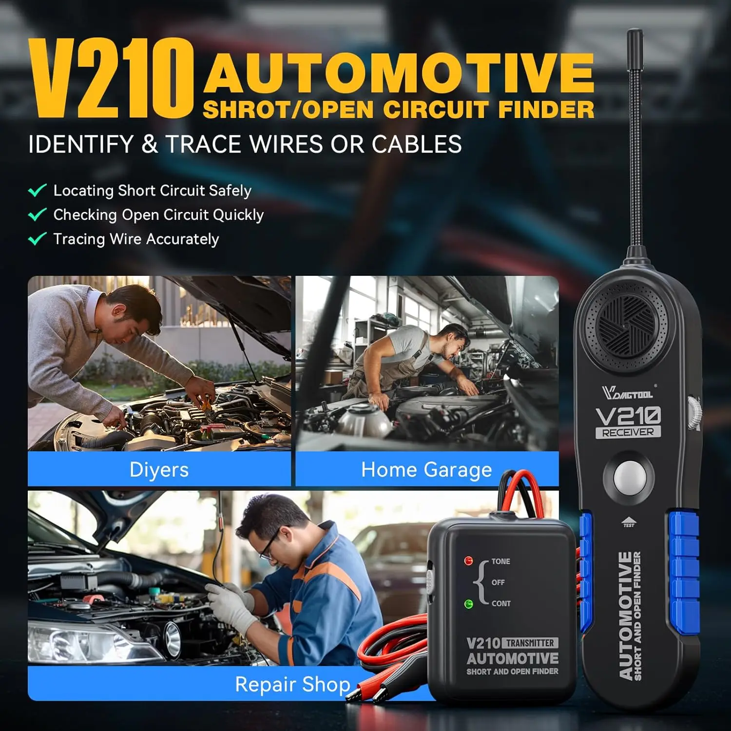 VDIAGTOOL V210 Testeur de Circuit Automobile – Détecteur de Coupure et Court-Circuit, Localisateur de Câbles Défectueux