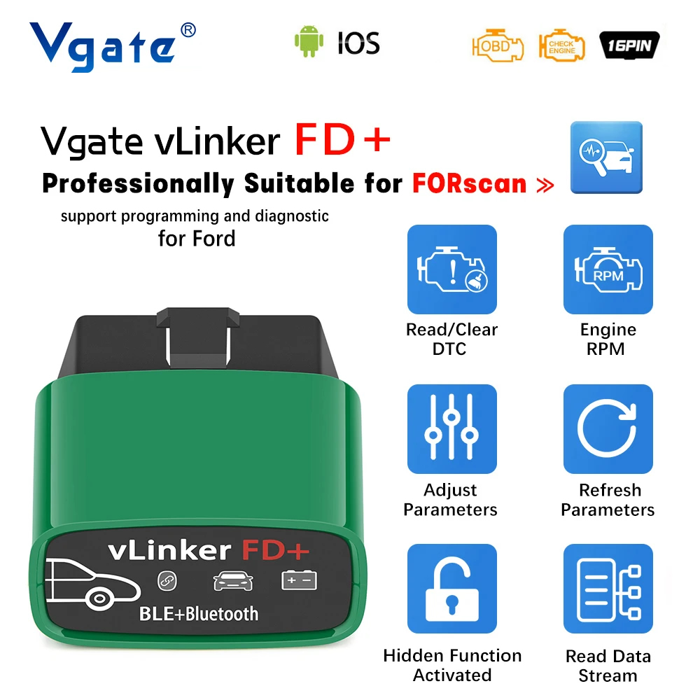 Vgate vLinker FD+ ELM327 Bluetooth 4.0 pour Ford FORScan wifi OBD2 diagnostic de voiture OBD 2 scanner J2534 outil automatique ELM 327 V1 5