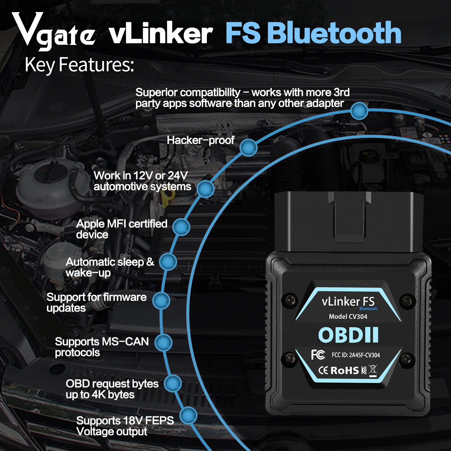 Vgate vLinker FS BT – Scanner OBD2 Bluetooth pour Ford FORScan avec support HS/MS CAN