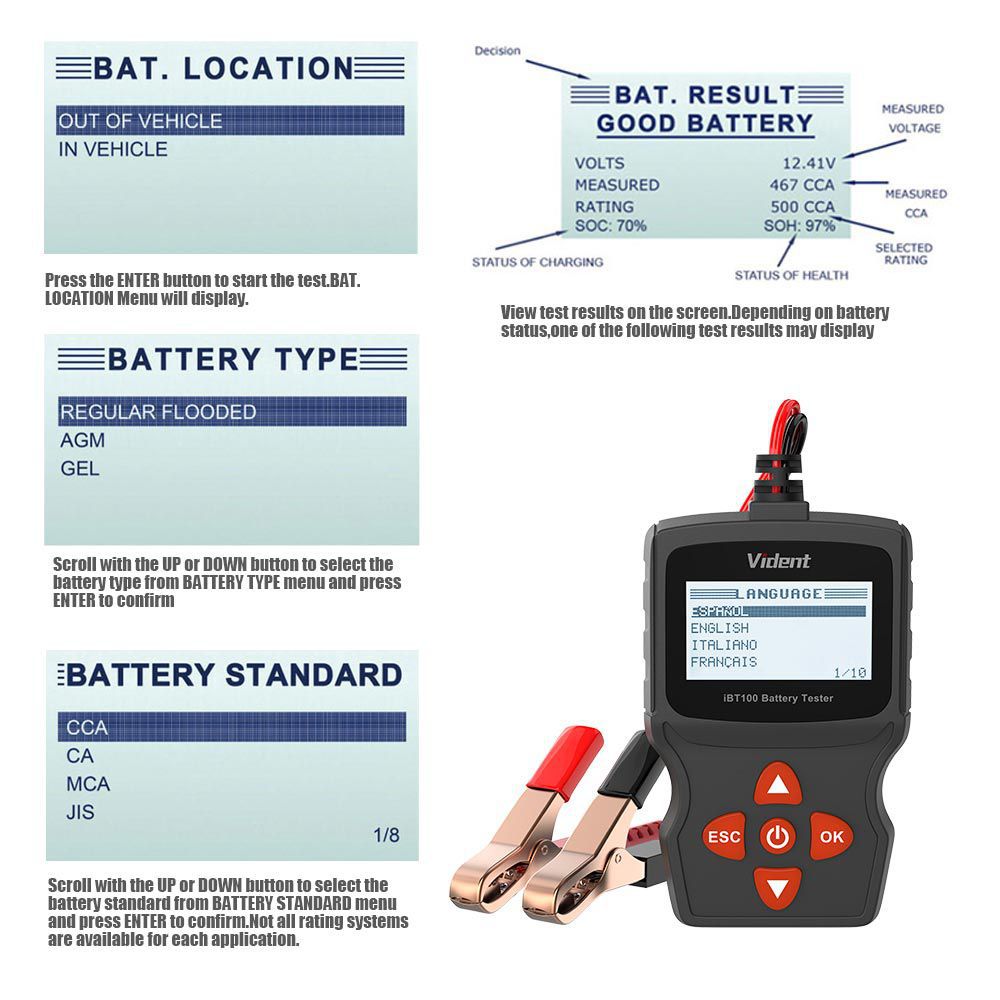 Analyseur de batterie vidéo ibt100 12V pour immersion liquide, AGM, gel 100 - 1100cca outil de diagnostic du testeur de véhicule
