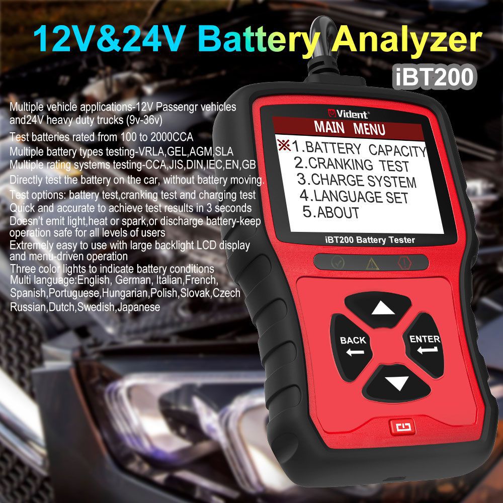Vident ibt200 9v - 36V Battery Tester for 12V Passenger Vehicles and 24V Heavy Duty Trucks 100 to 2000cca automobile Battery analyzer