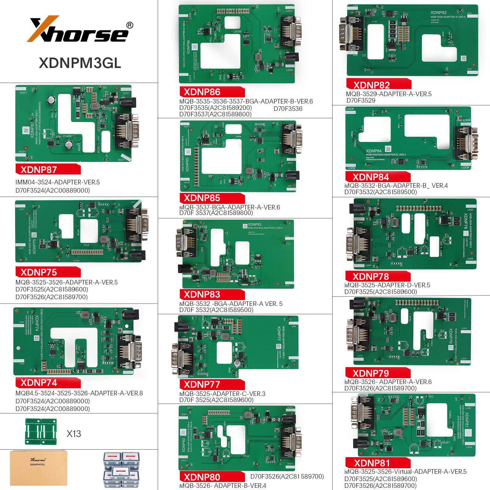 2024 xhorse mqb48 sans démontage sans soudure 13 ensemble complet d'adaptateurs xdnpm3gl