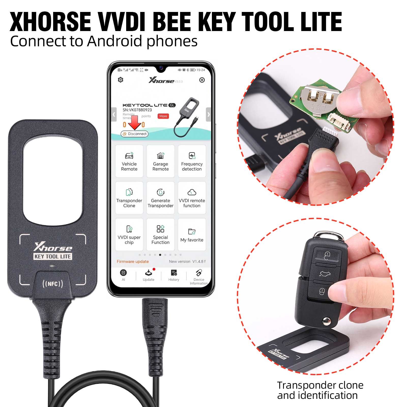 Xhorse VVDI BEE Key Tool Lite Détection de fréquence Transpondeur Clone Travail sur téléphone Android