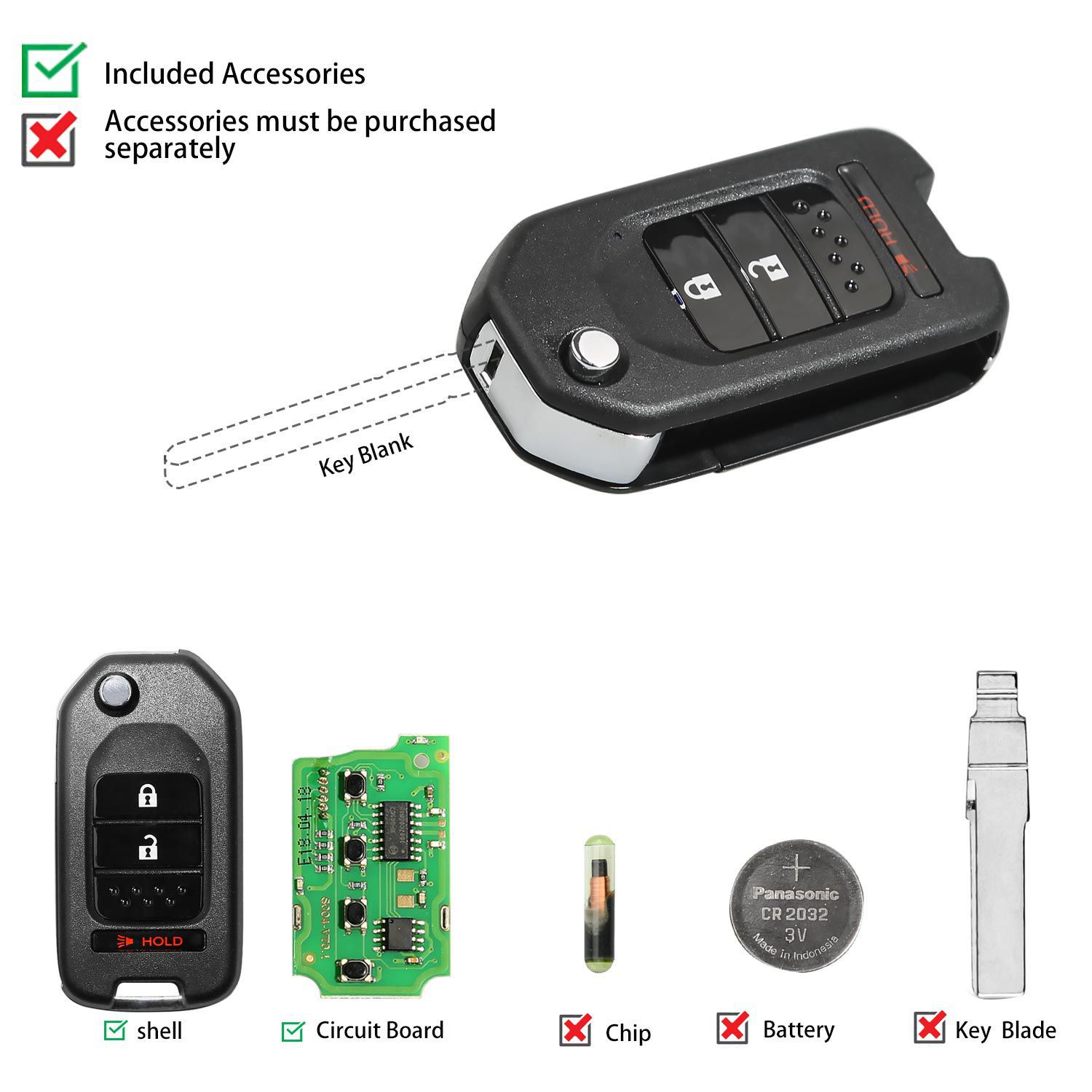 Xhorse xkho02en Wire Remote Key Honda Flip 2 + 1 button English version 5 PCS / Batch