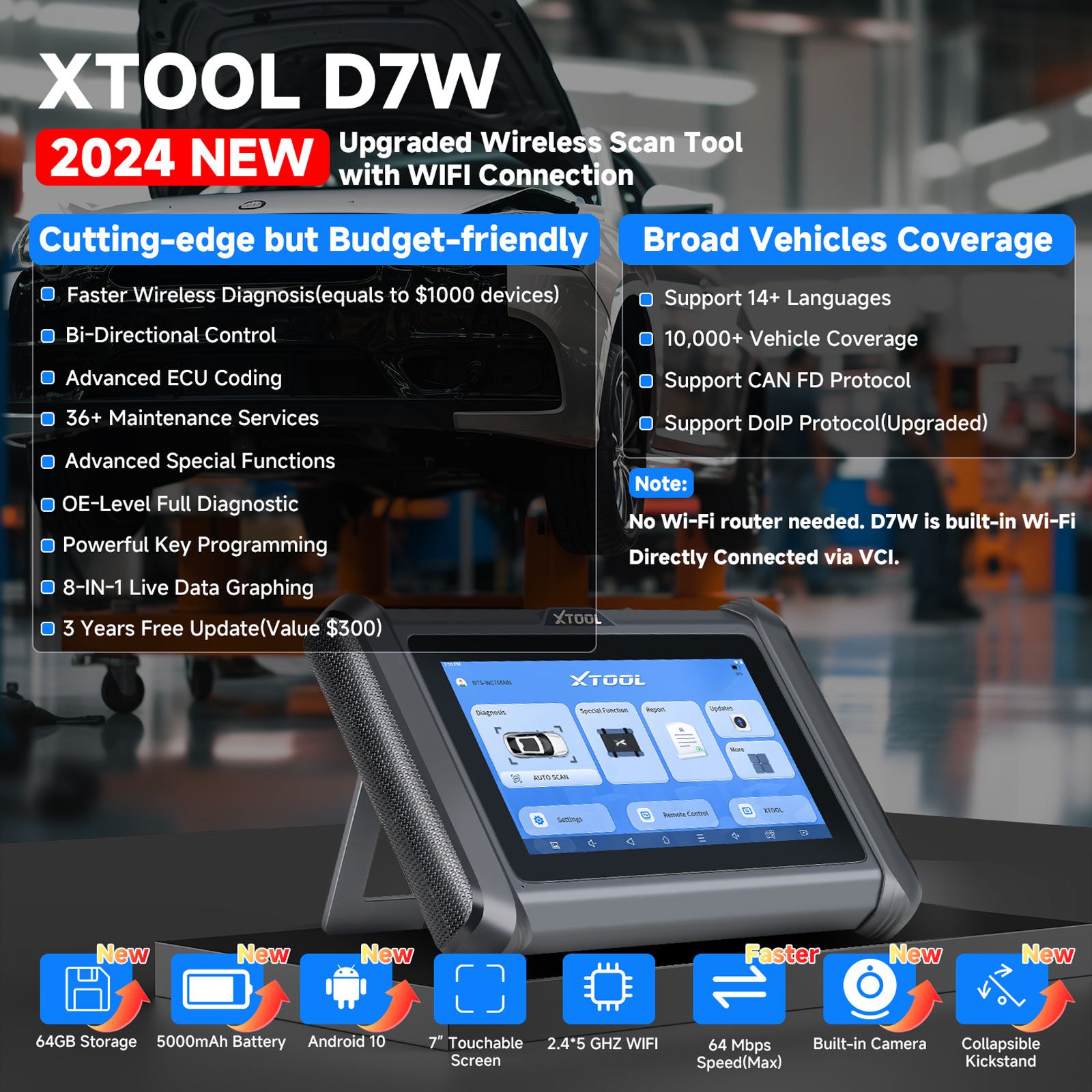 XTOOL D7W D7WIFI Bidirectionnel Tous les systèmes Diagnostique & Programmateur clé Support ECU Codage CAN FD & DOIP 40+ Services