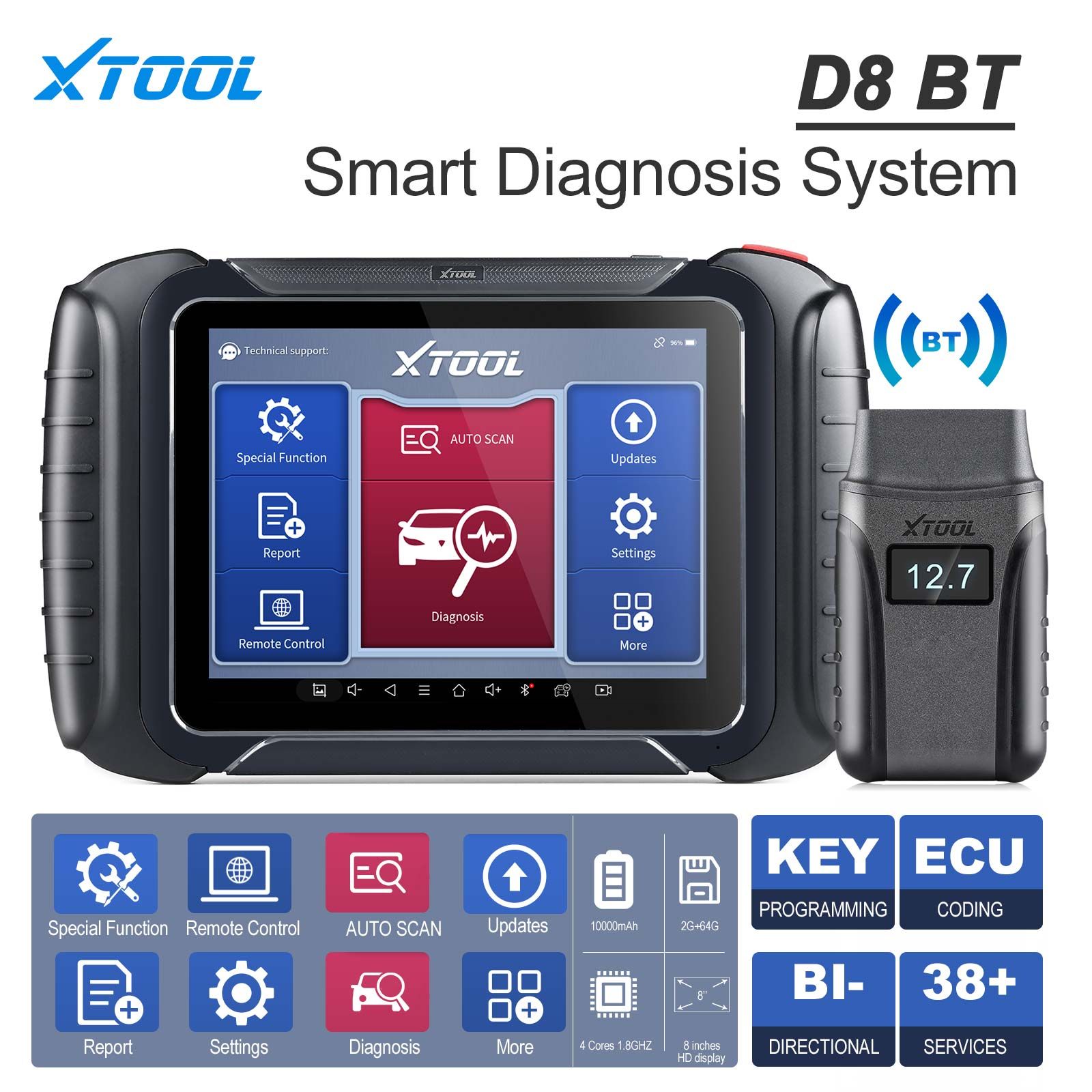 XTOOL D8BT test actif complet de l'outil de diagnostic du système avec 38 fonctions de service Support de codage de l'ECU CAN FD