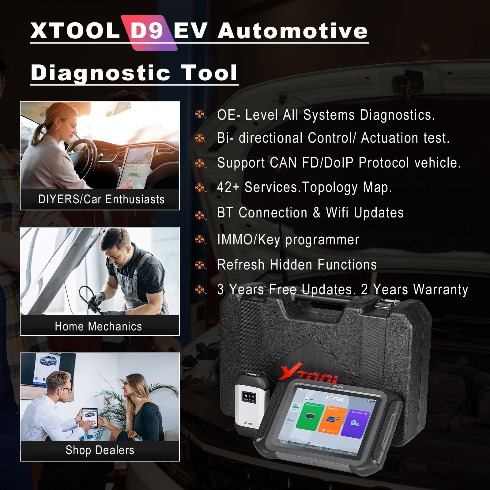 Support de la tablette de diagnostic des véhicules électriques XTOOL D9 EV DoIP et CAN-FD pour Tesla pour BYD avec la détection de la batterie