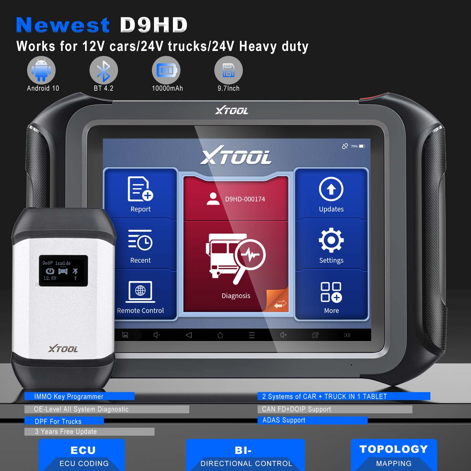 XTOOL D9HD Outil de diagnostic de camion et de voiture 12V à 24V 42+Fonctions spéciales Topologie Cartographie pour diesel/essence Remplacez PS90 PRO